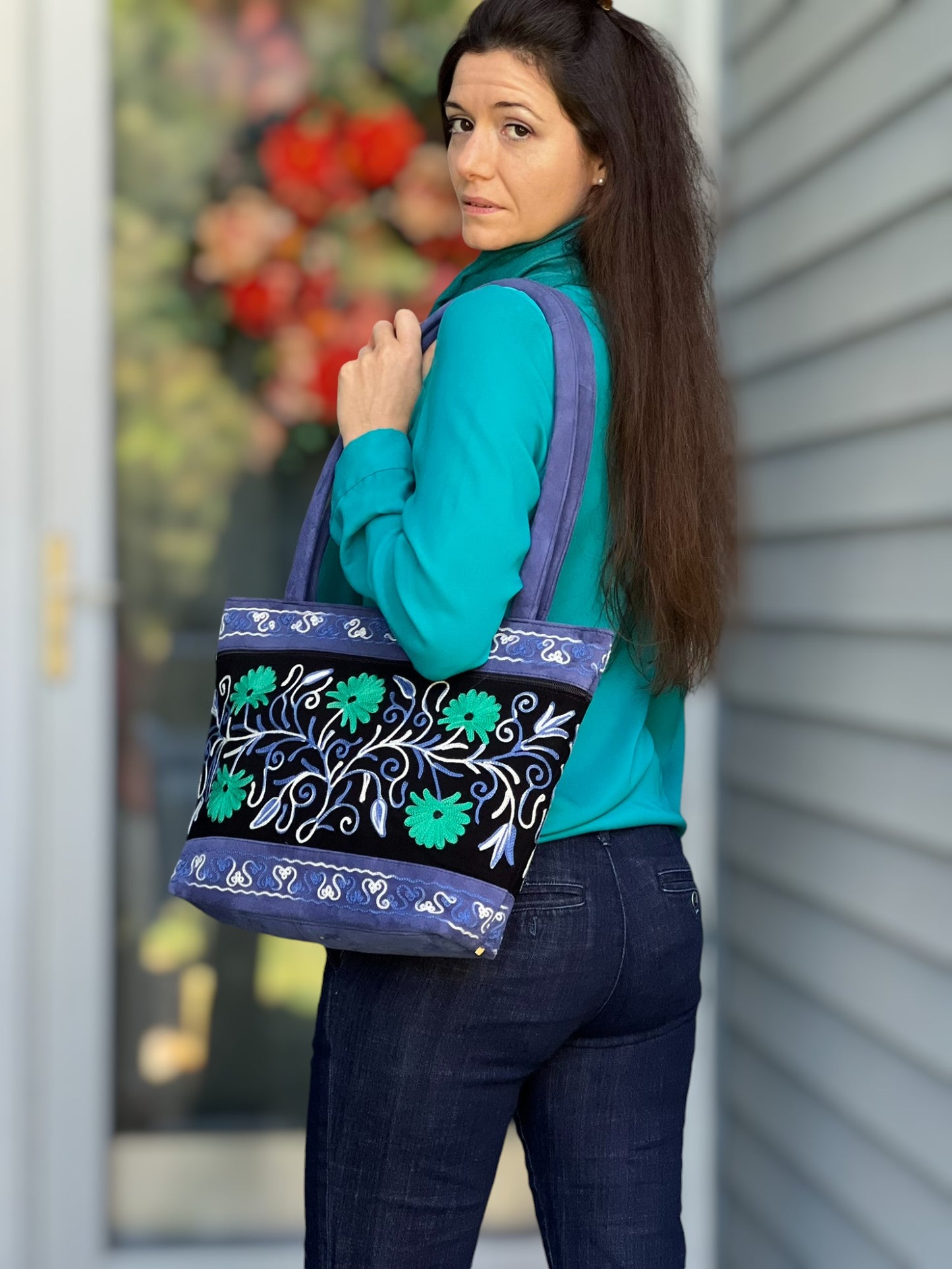 Handmade Black And Blue Suede Embroidered Tote Bag-8