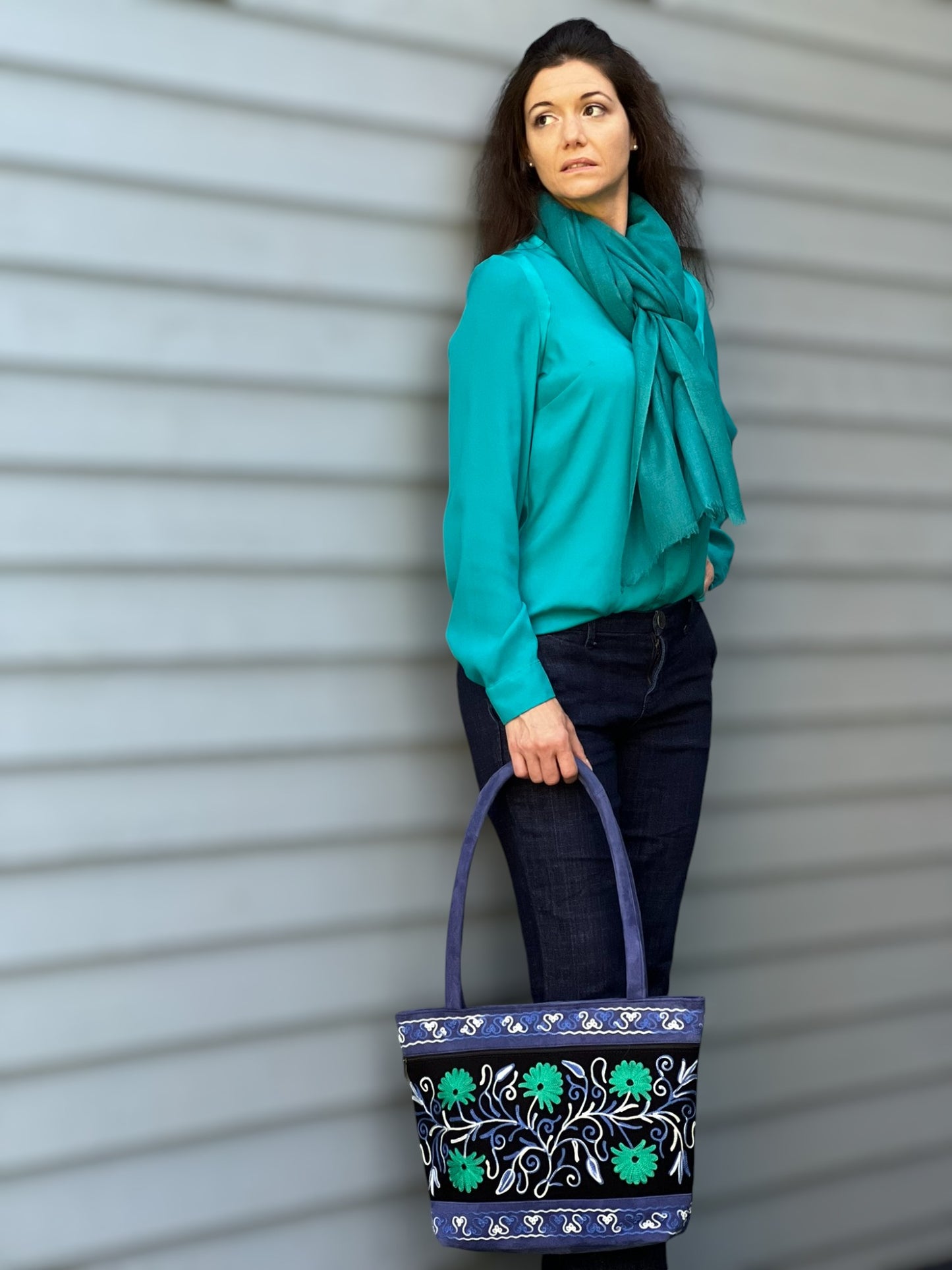 Handmade Black And Blue Suede Embroidered Tote Bag-9
