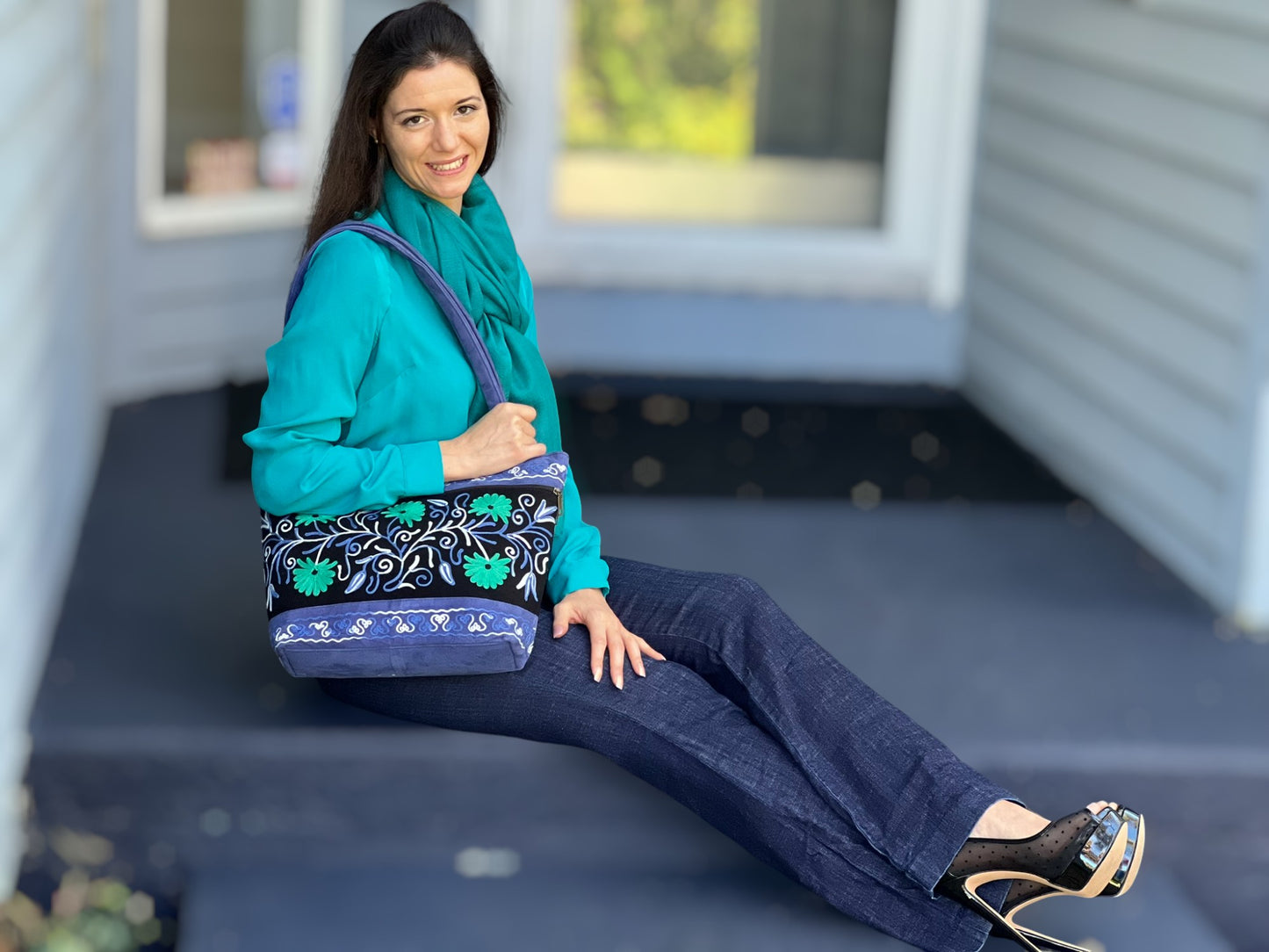 Handmade Black And Blue Suede Embroidered Tote Bag-11