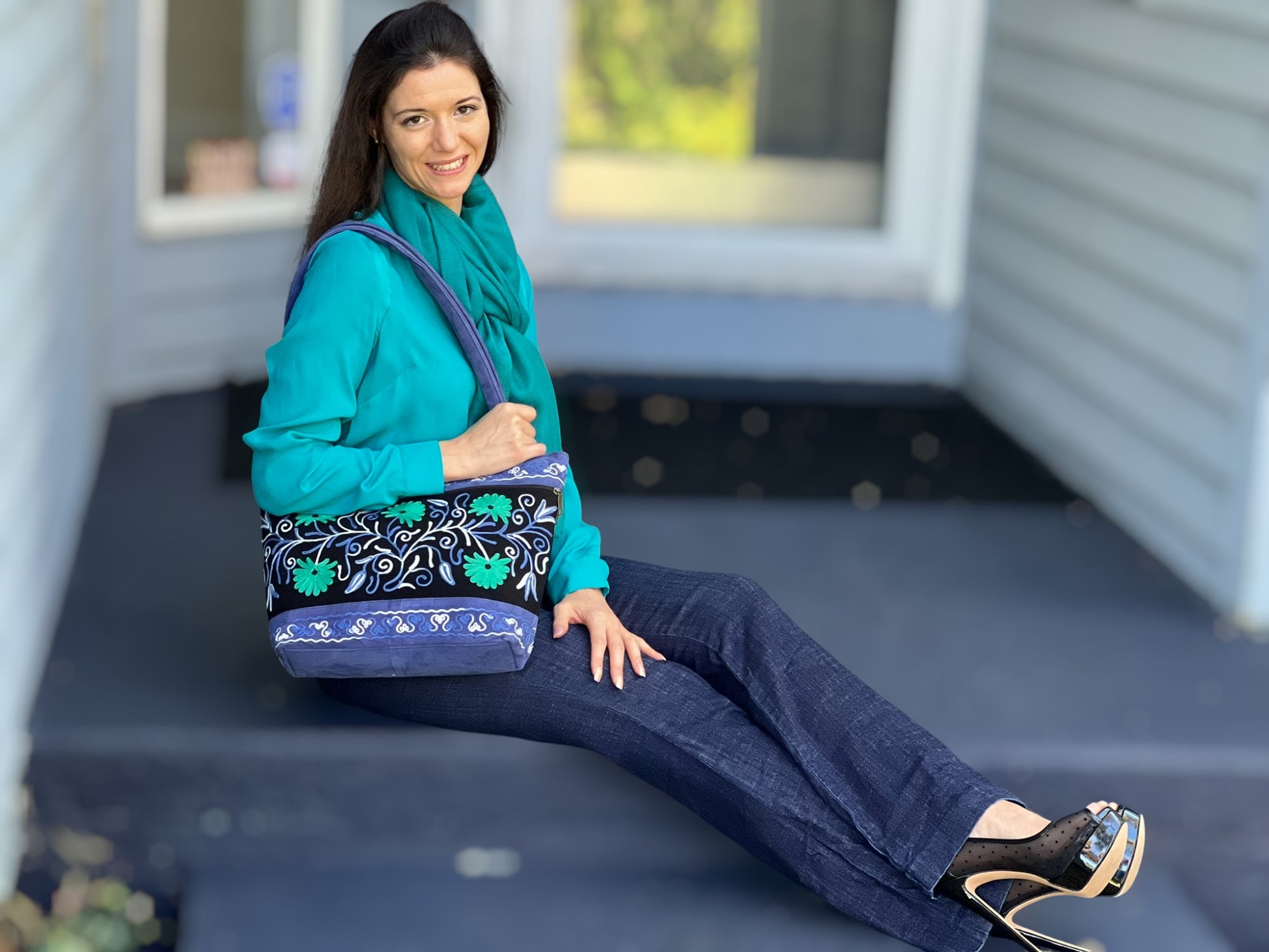 Handmade Black And Blue Suede Embroidered Tote Bag-11