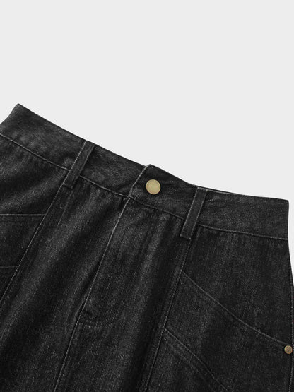 Front Seam Detail Denim Skirt-Black Wash-2