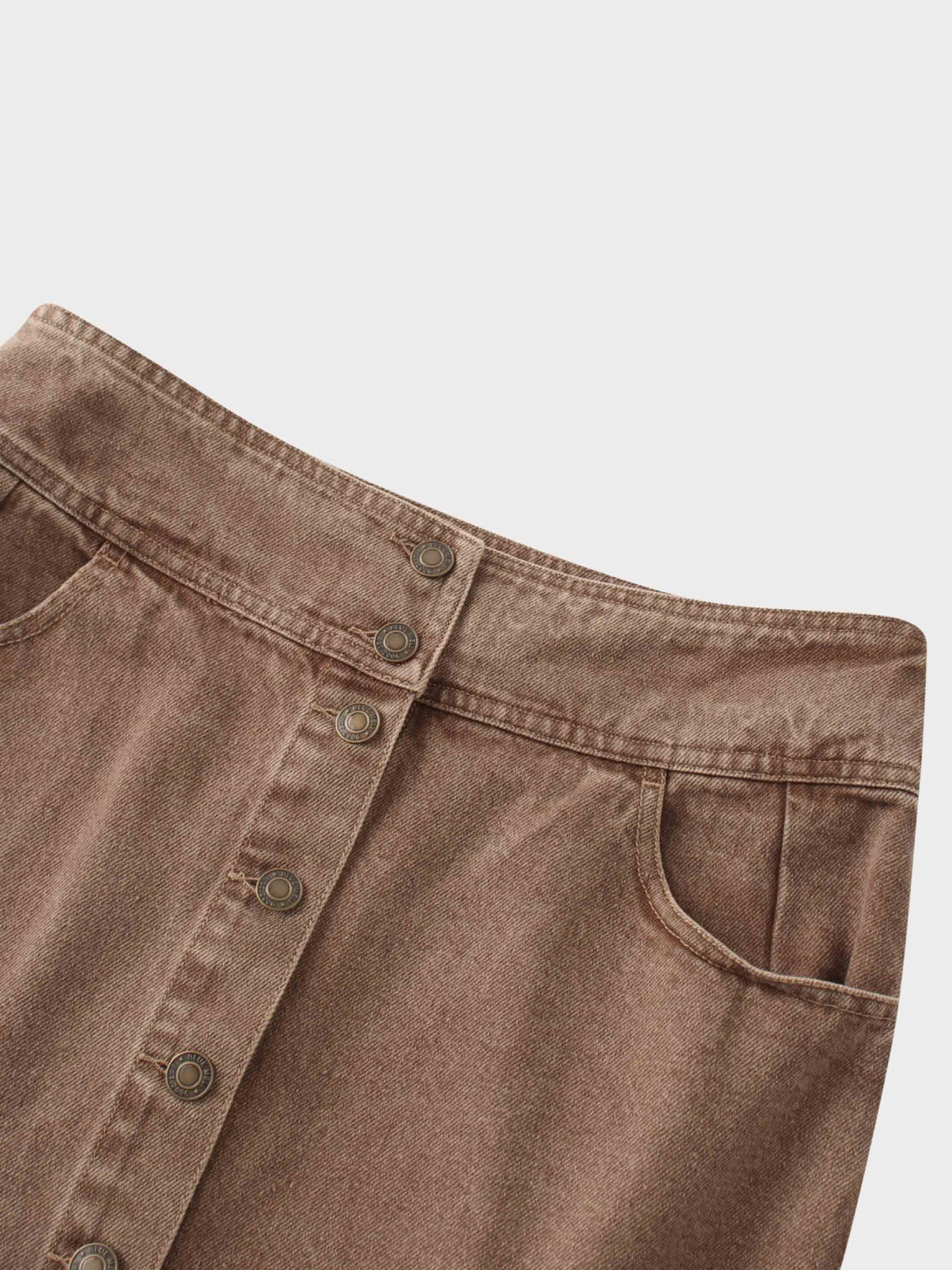 Button Down Denim Skirt-Brown-3