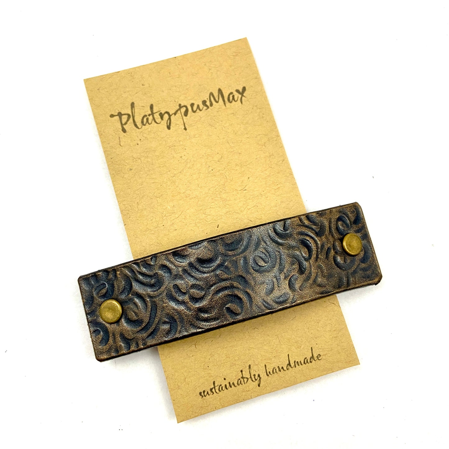 Antique Brass / Bronze Leather Barrette with Rustic Spirals Texture-0