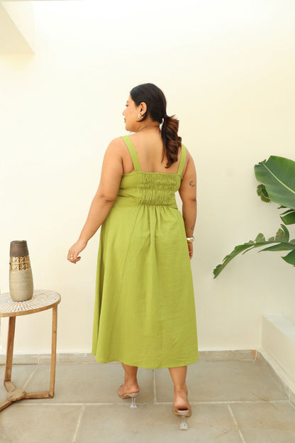 Fit & Flare Lime Green Cotton Midi Dress-2