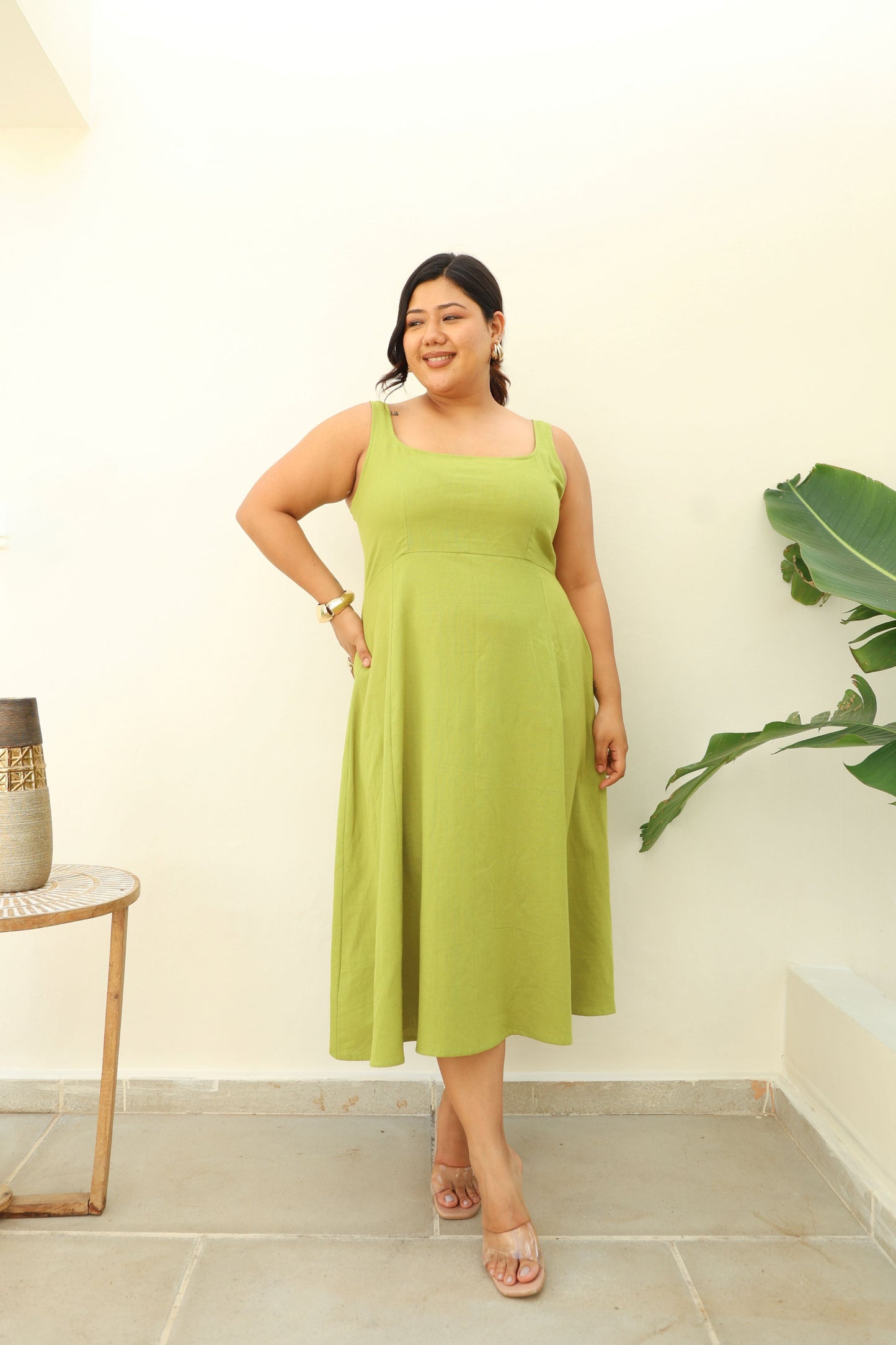 Fit & Flare Lime Green Cotton Midi Dress-4