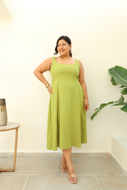 Fit & Flare Lime Green Cotton Midi Dress-4