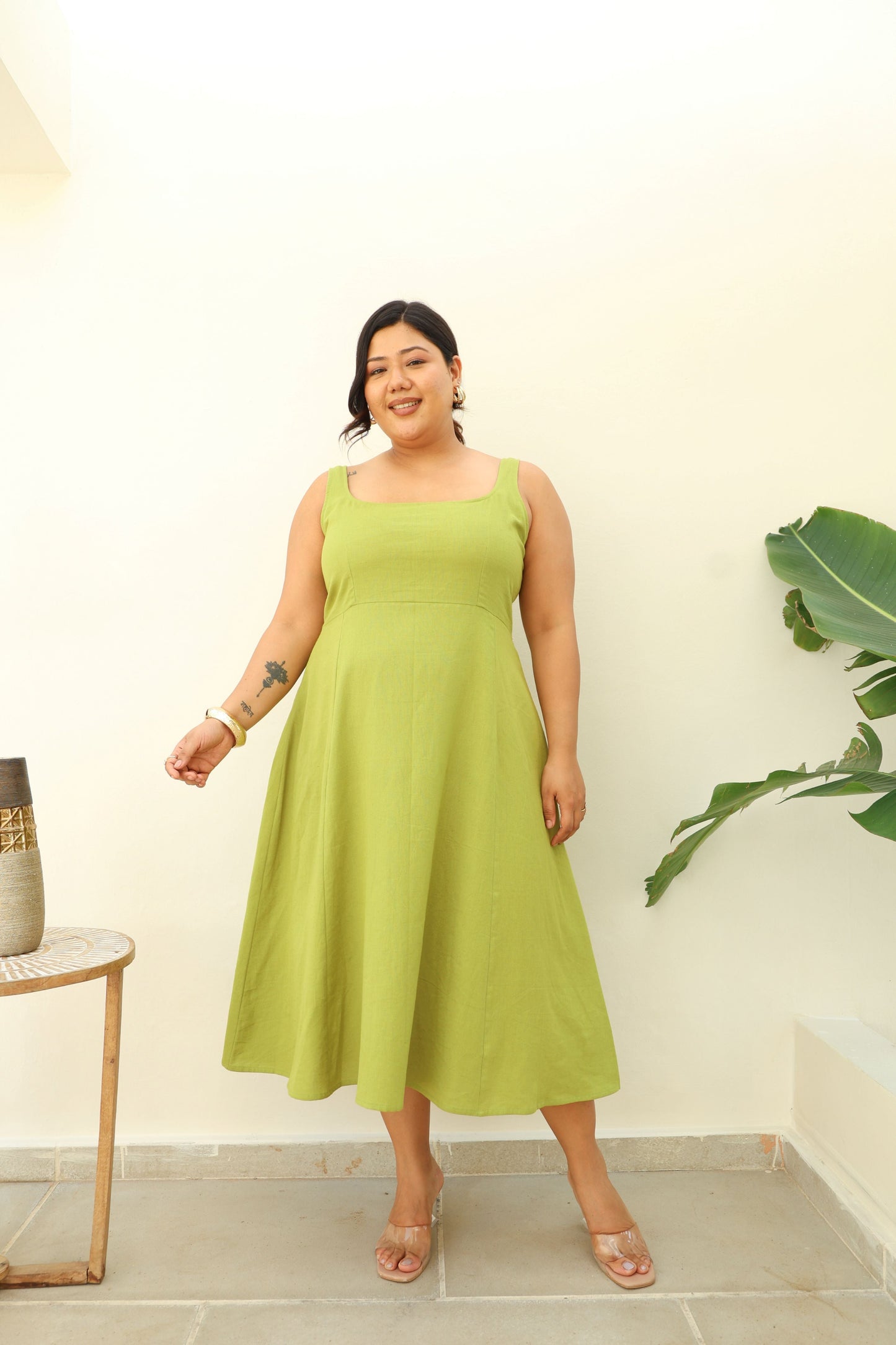 Fit & Flare Lime Green Cotton Midi Dress-1