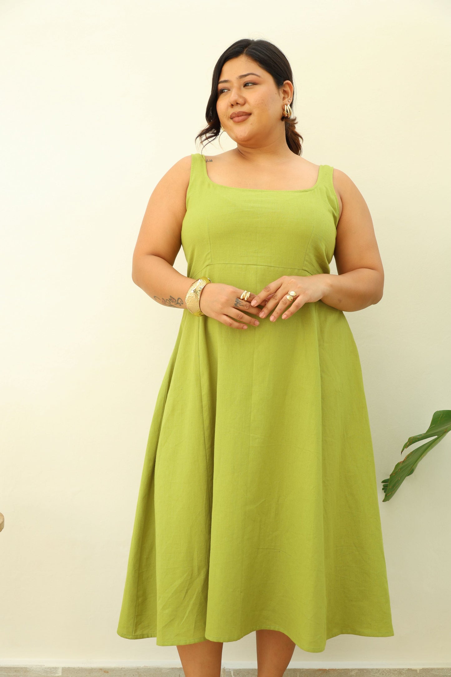Fit & Flare Lime Green Cotton Midi Dress-3