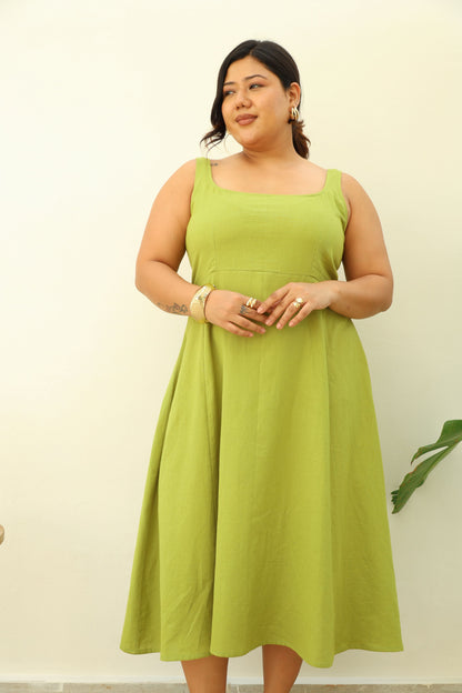 Fit & Flare Lime Green Cotton Midi Dress-3