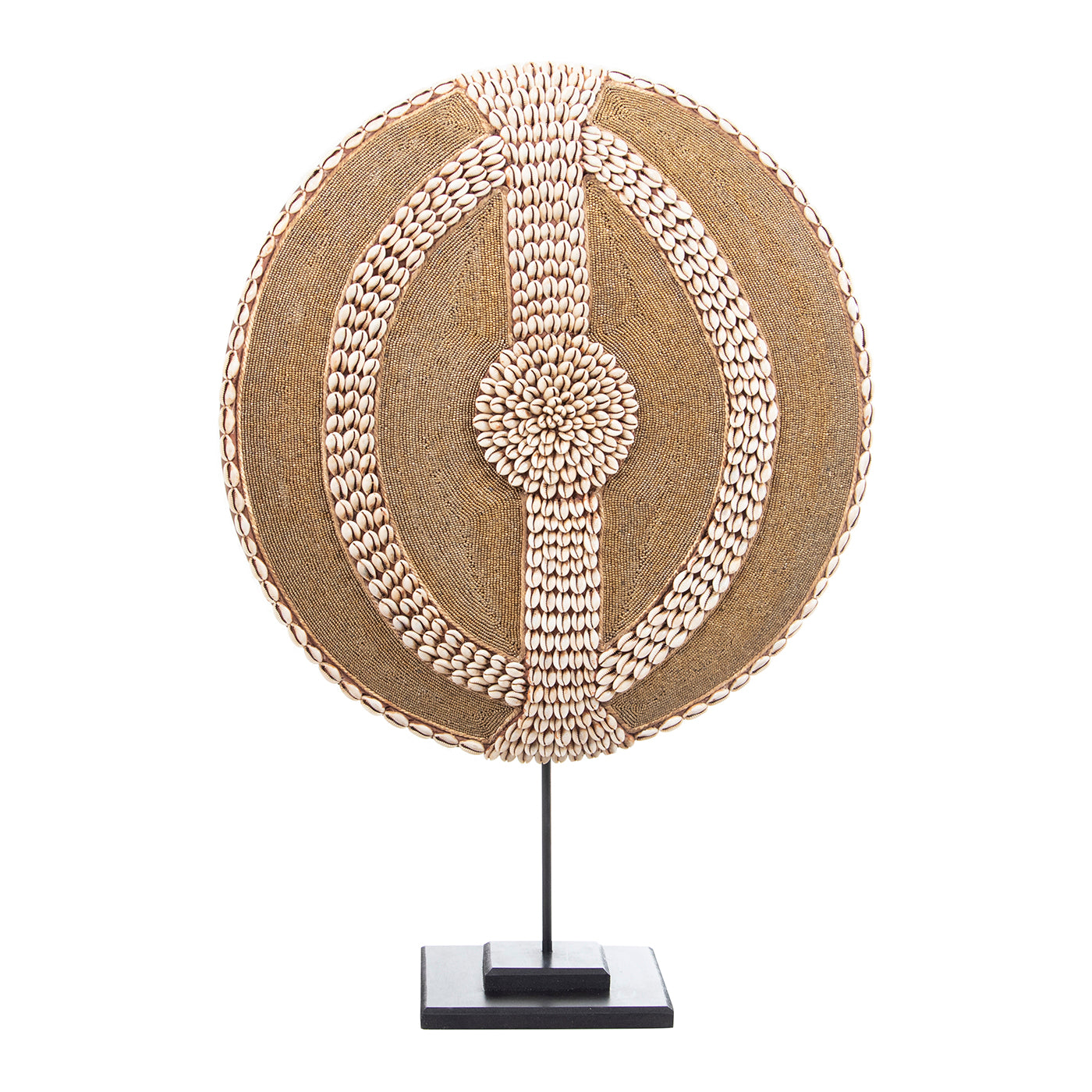 Beaded Cameroon Shield with Cowrie Shells Gold on stand | Hand carved in Cameroon-1
