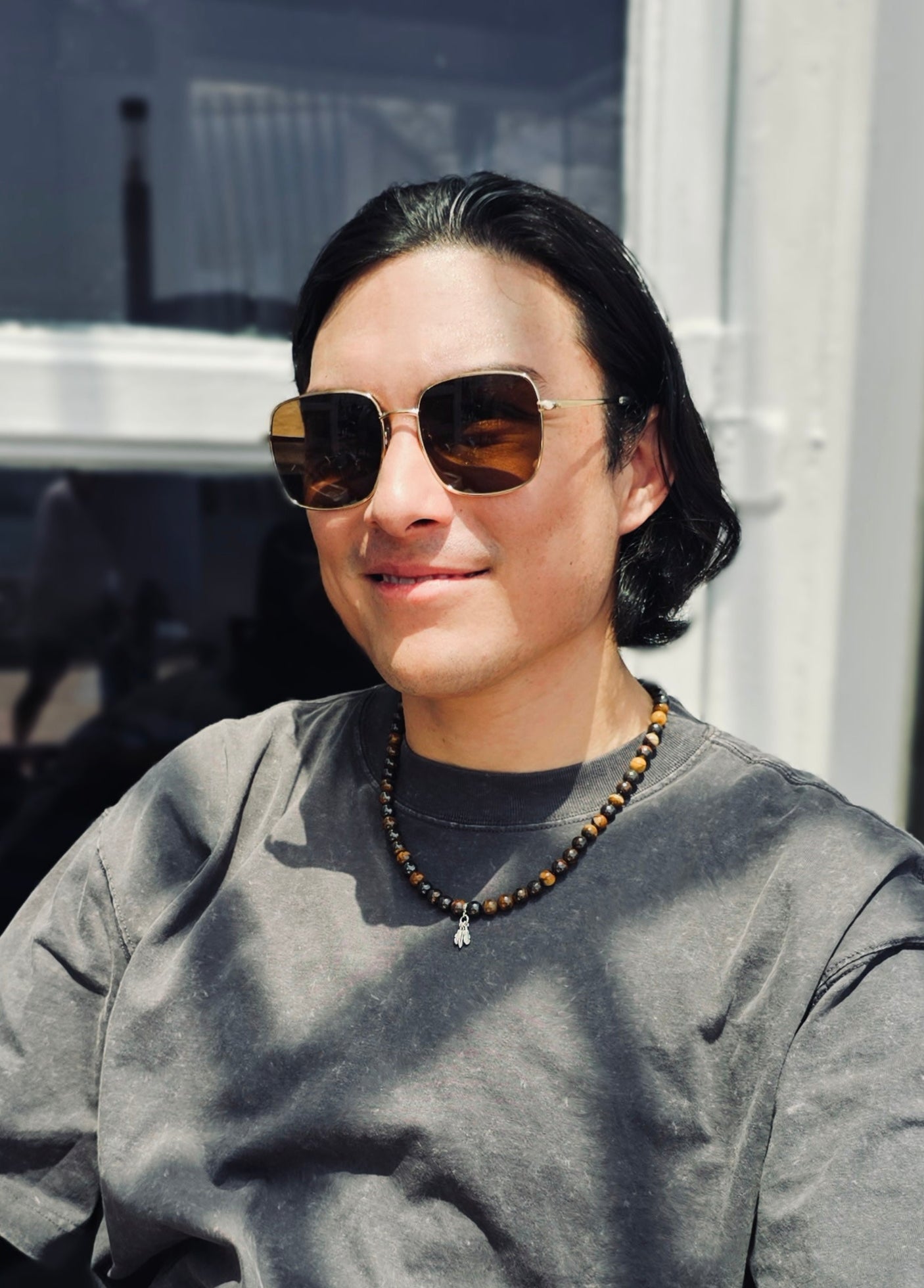 Iron Tiger-eye Stone With Silver Feather Pendant Men's Necklace MEN20-0