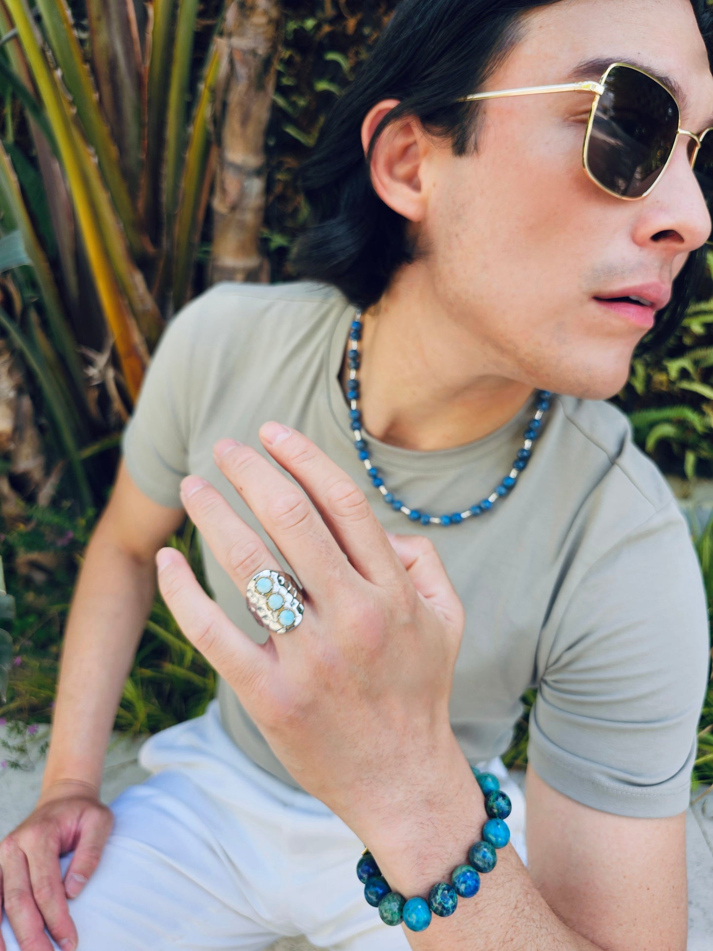 Blue Apatite With Sterling Silver Men's Necklace MEN27-1