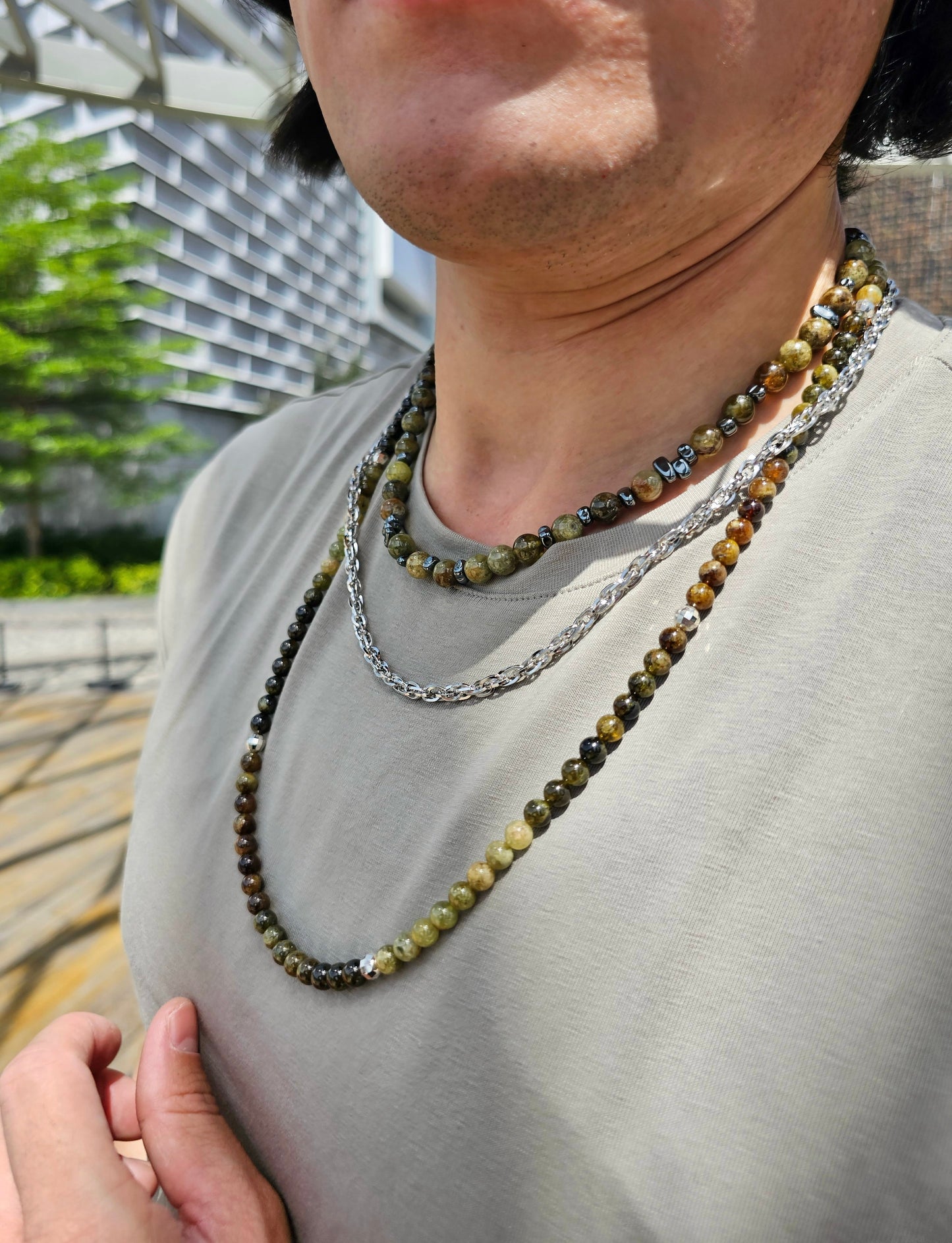 Green Garnet With Hematite Short Men's Necklace MEN23-2