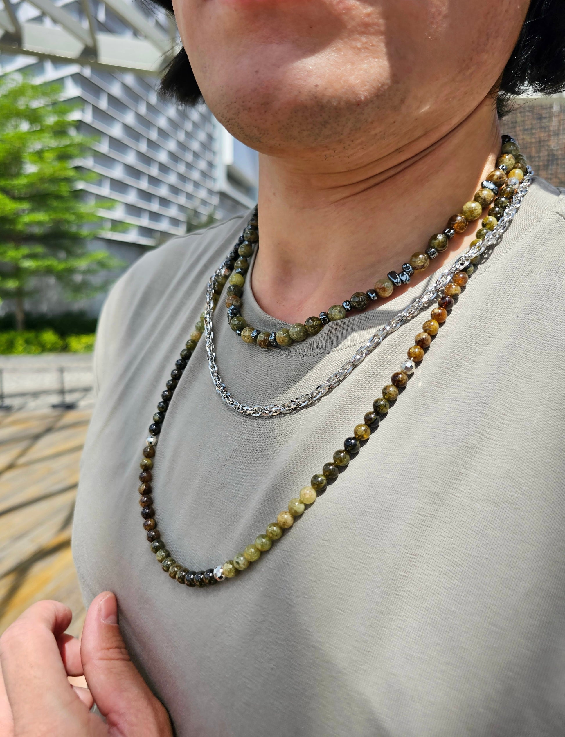 Green Garnet With Sterling Silver Men's Long Necklace MEN22-4