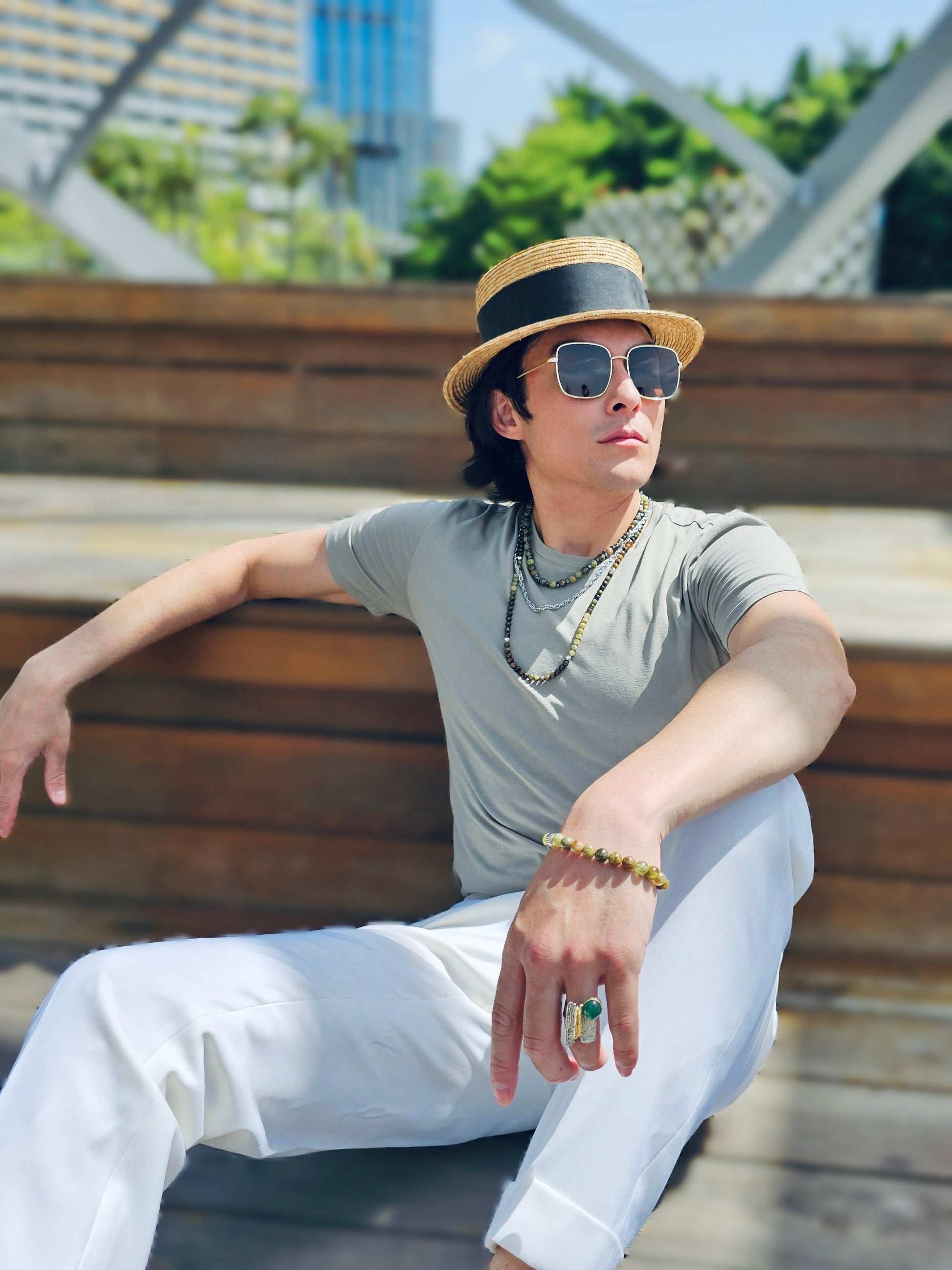 Green Garnet With Sterling Silver Men's Long Necklace MEN22-0