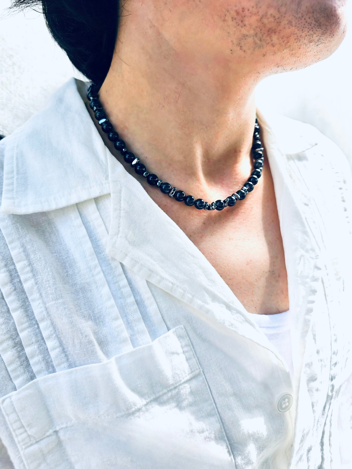 Black Obsidian With Hematite Mens Necklace MEN13-2