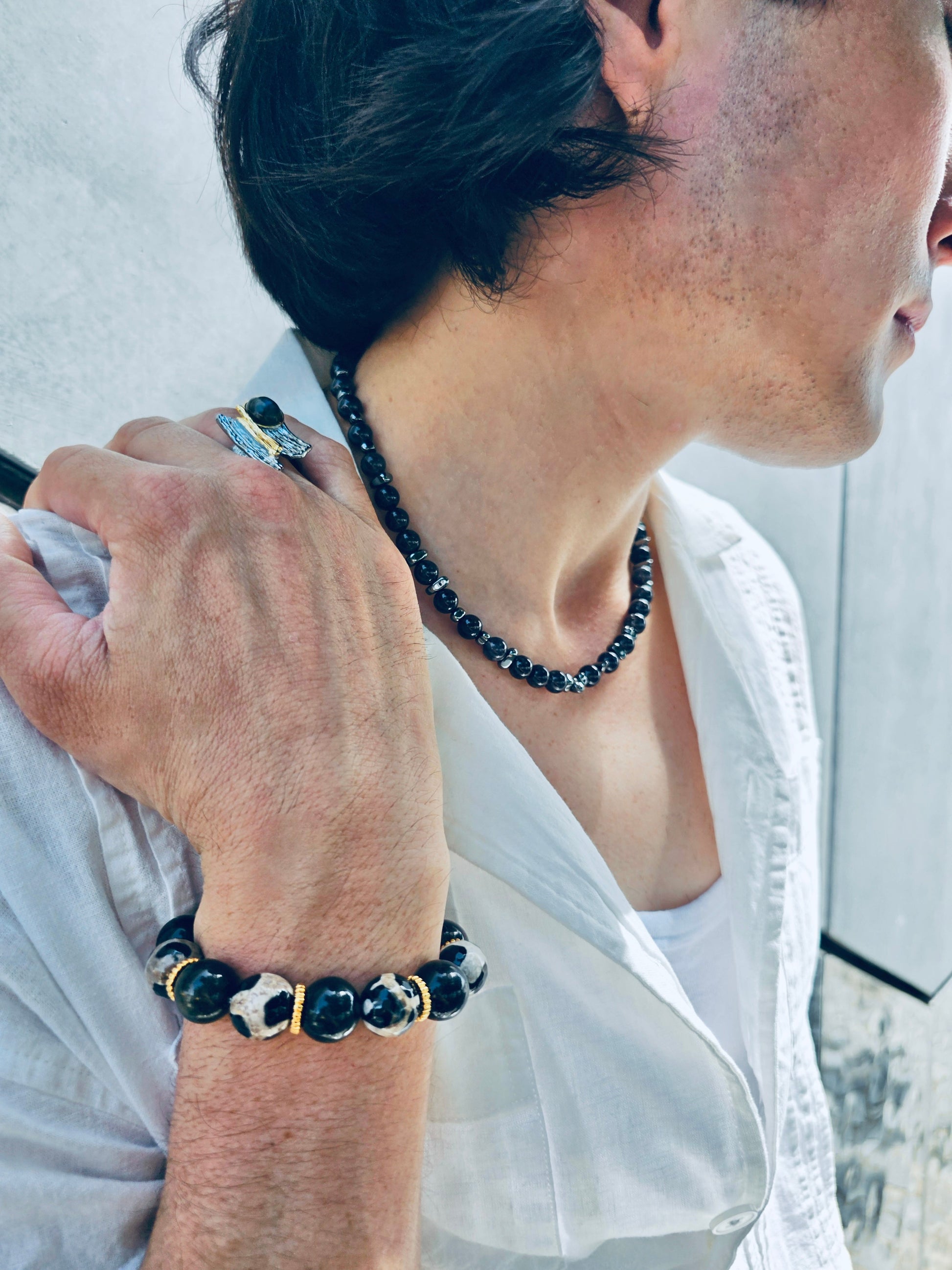 Black Obsidian With Hematite Mens Necklace MEN13-3