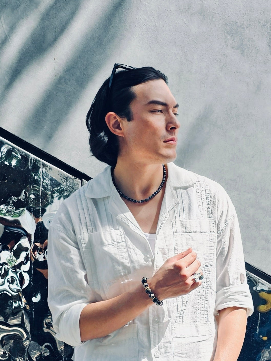 Black Obsidian With Hematite Mens Necklace MEN13-4