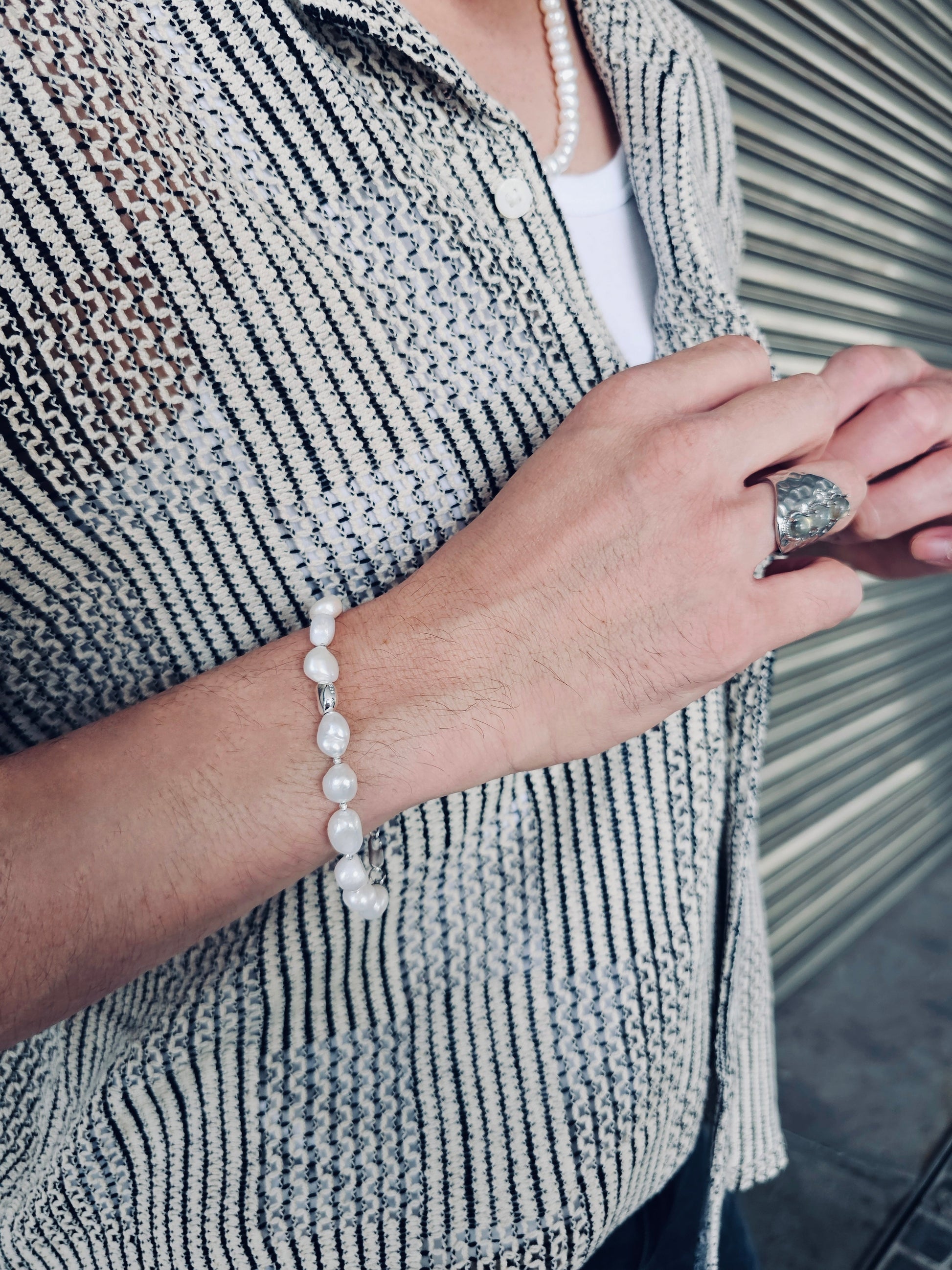 Freshwater Pearls With Sterling Silver Men's Bracelet MEB04-1