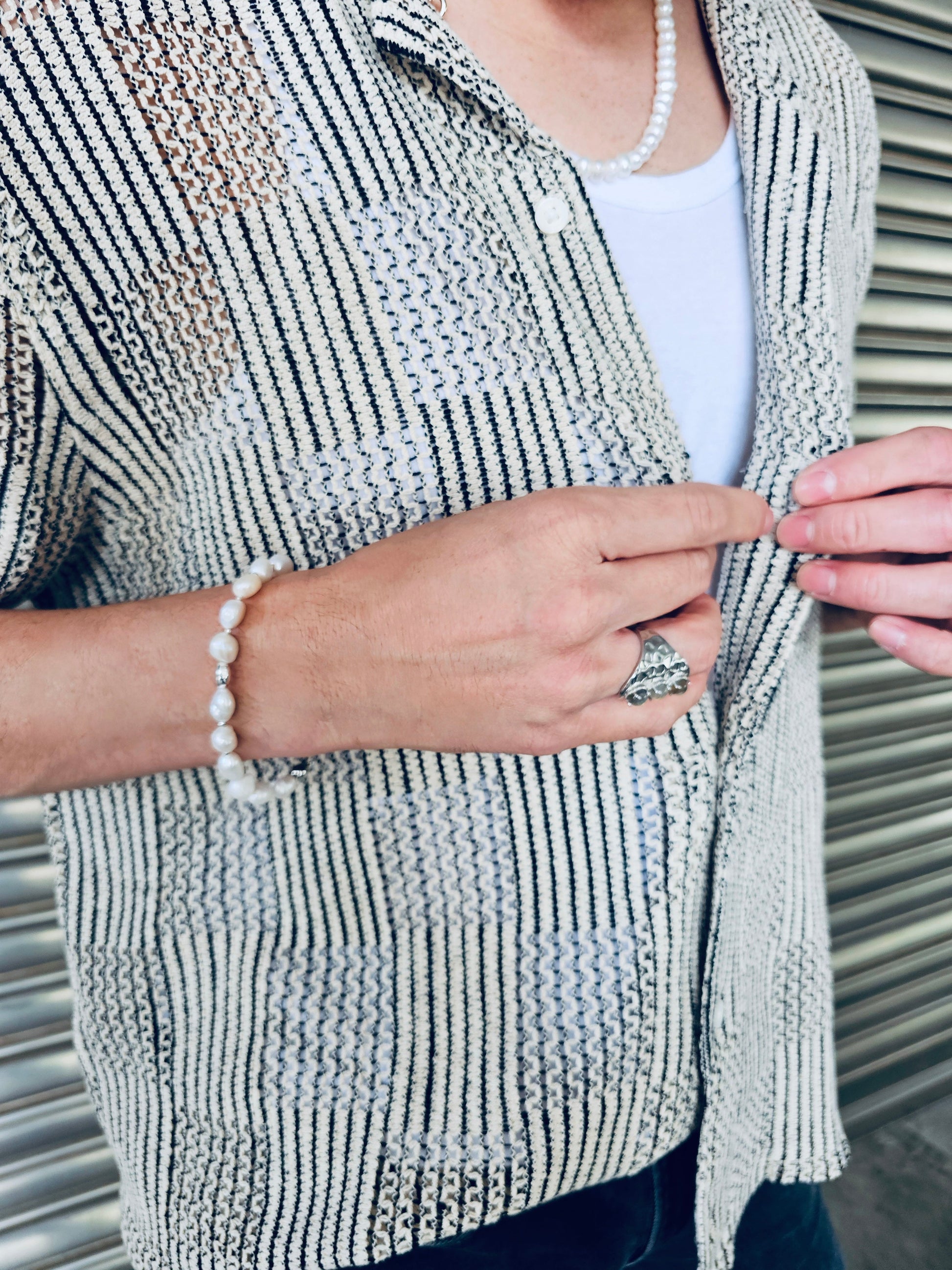 Freshwater Pearls With Sterling Silver Men's Bracelet MEB04-2