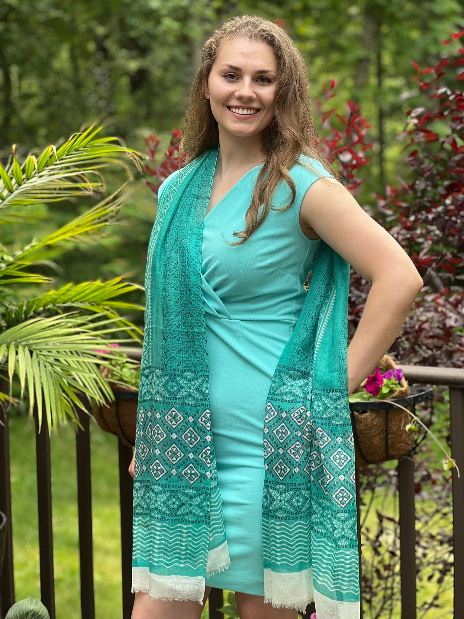 Green Hand Painted Wool And Silk Blend Scarf-1