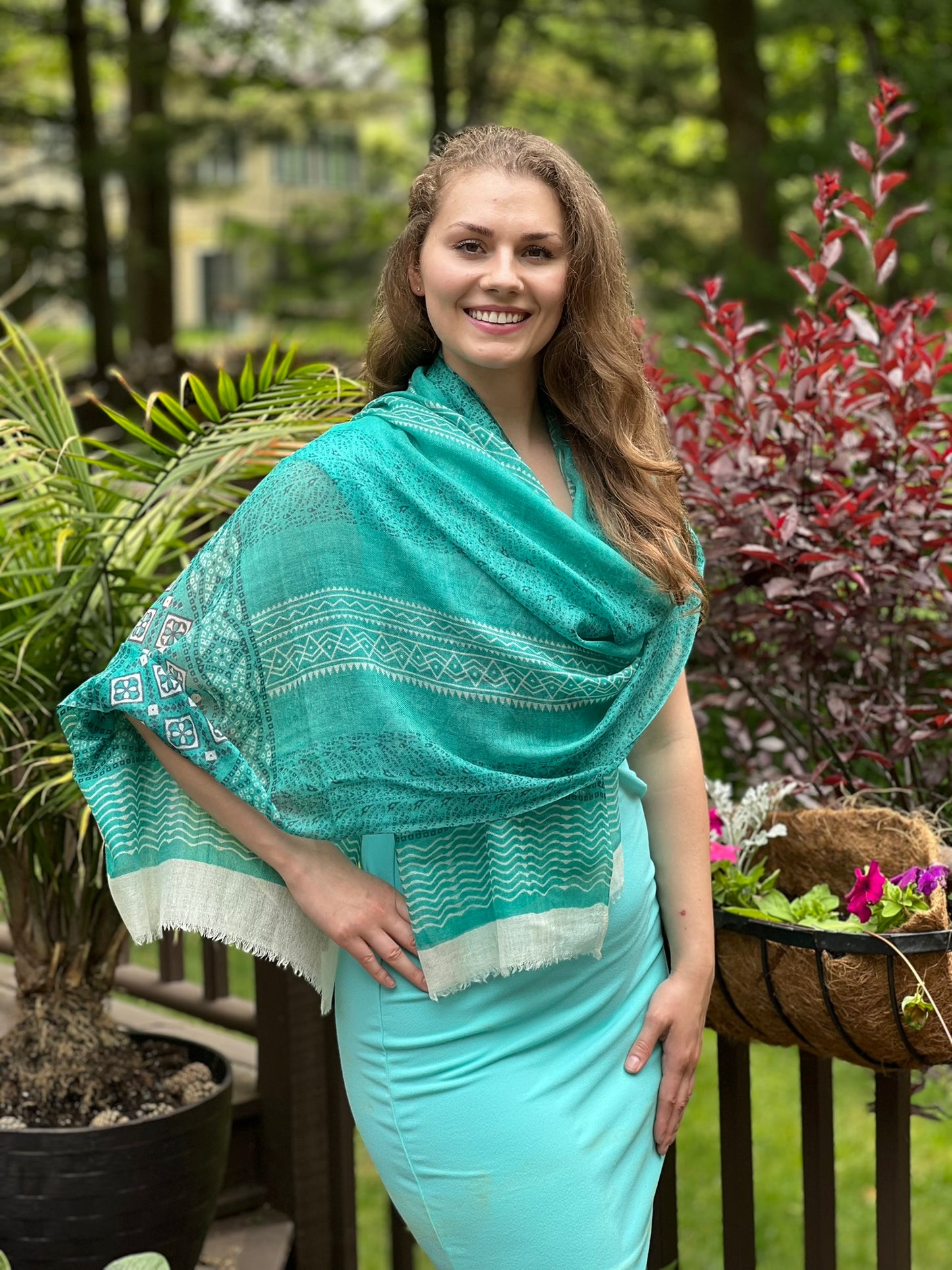 Green Hand Painted Wool And Silk Blend Scarf-2
