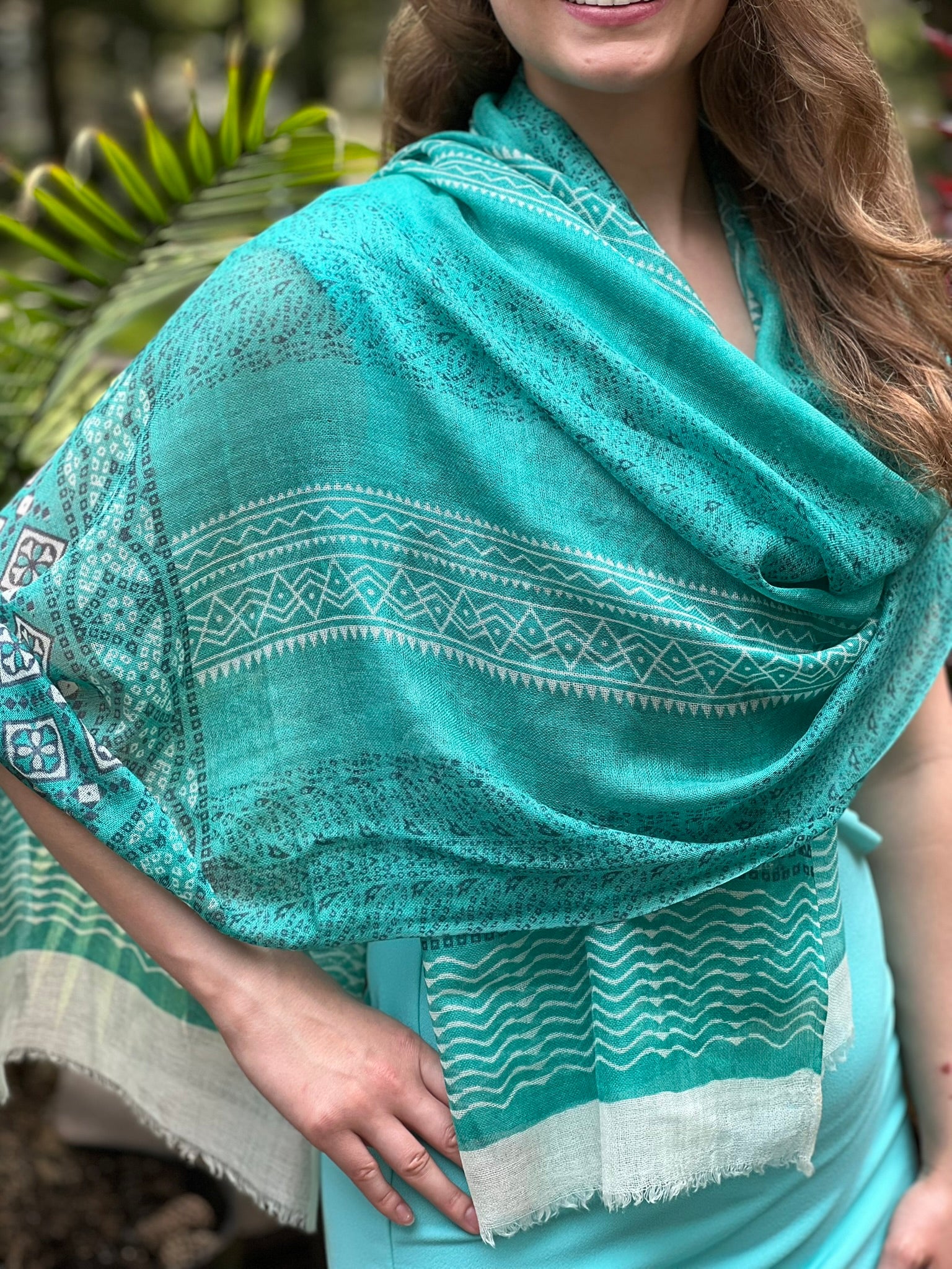 Green Hand Painted Wool And Silk Blend Scarf-3