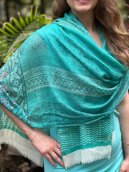 Green Hand Painted Wool And Silk Blend Scarf-3