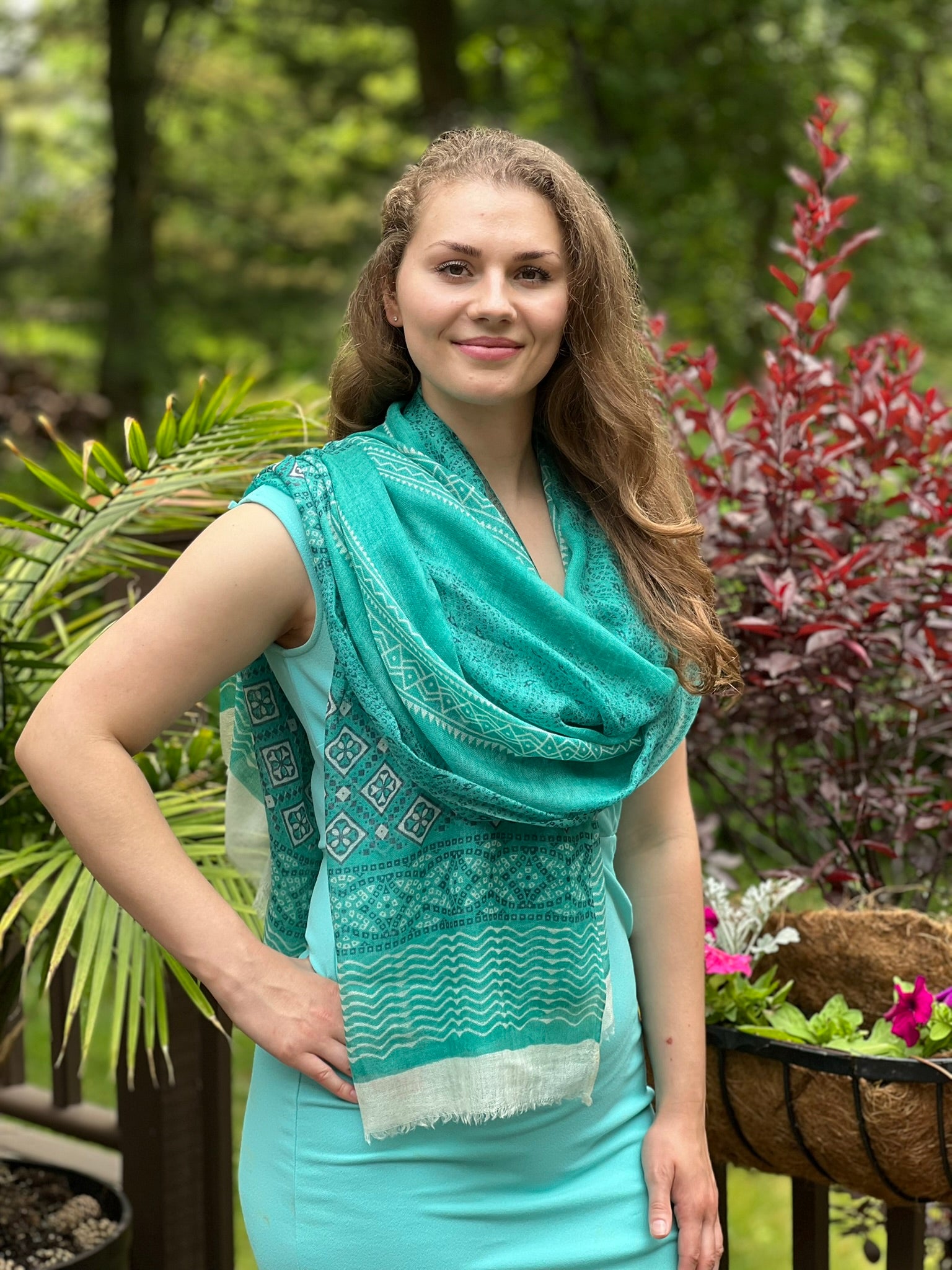 Green Hand Painted Wool And Silk Blend Scarf-0