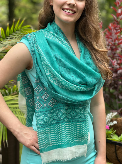 Green Hand Painted Wool And Silk Blend Scarf-4