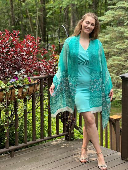 Green Hand Painted Wool And Silk Blend Scarf-5