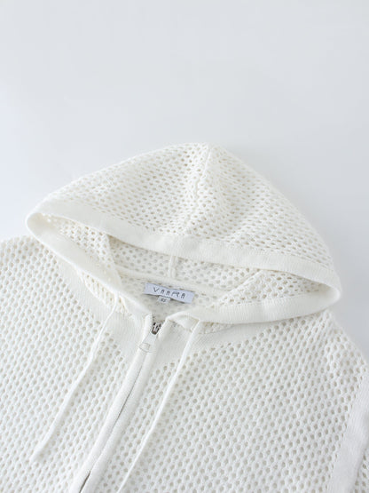 Zip Up Crochet Hoodie-White-3