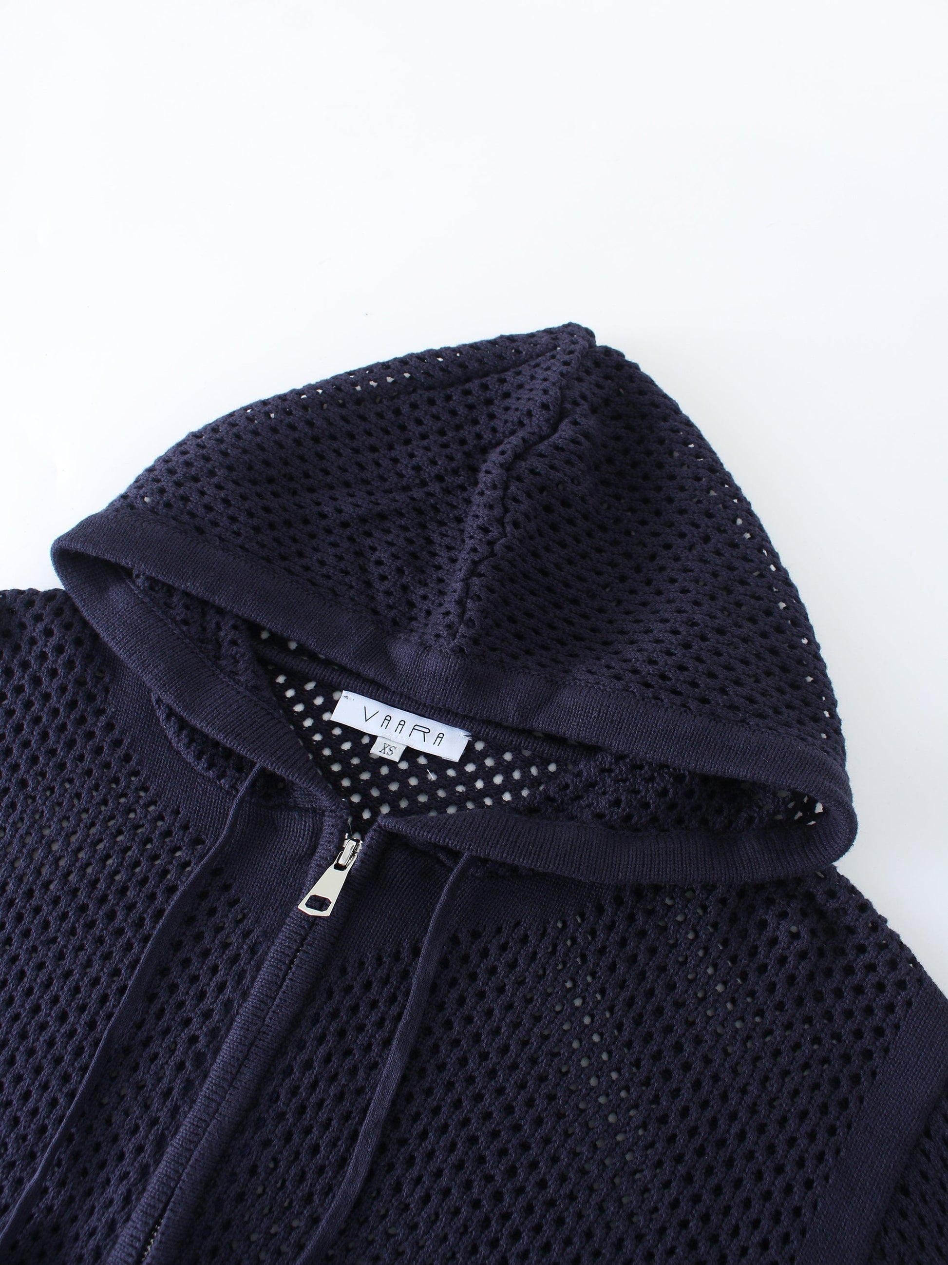 Zip Up Crochet Hoodie-Navy-2