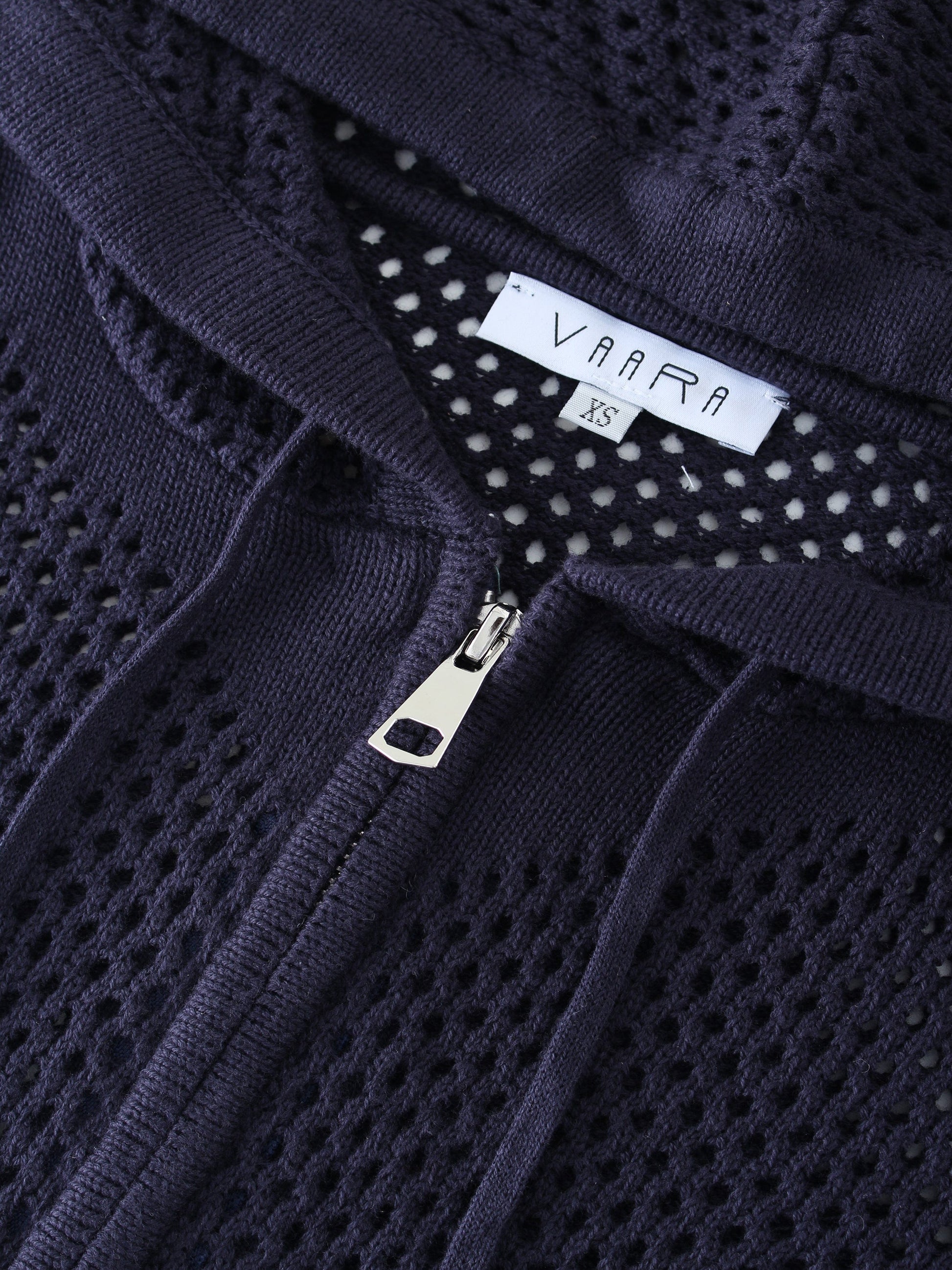 Zip Up Crochet Hoodie-Navy-3