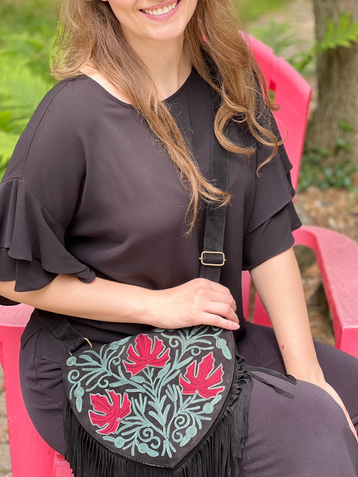 Handmade Green and Red Suede Embroidered Heart Shaped Bag-4