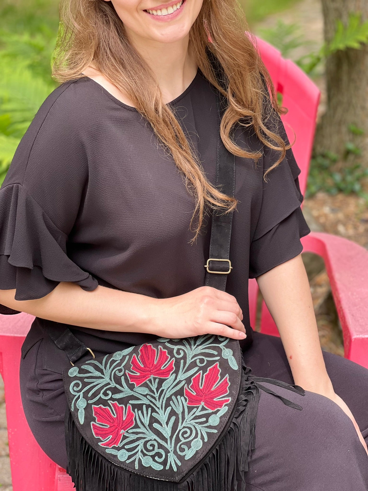 Handmade Green and Red Suede Embroidered Heart Shaped Bag-4