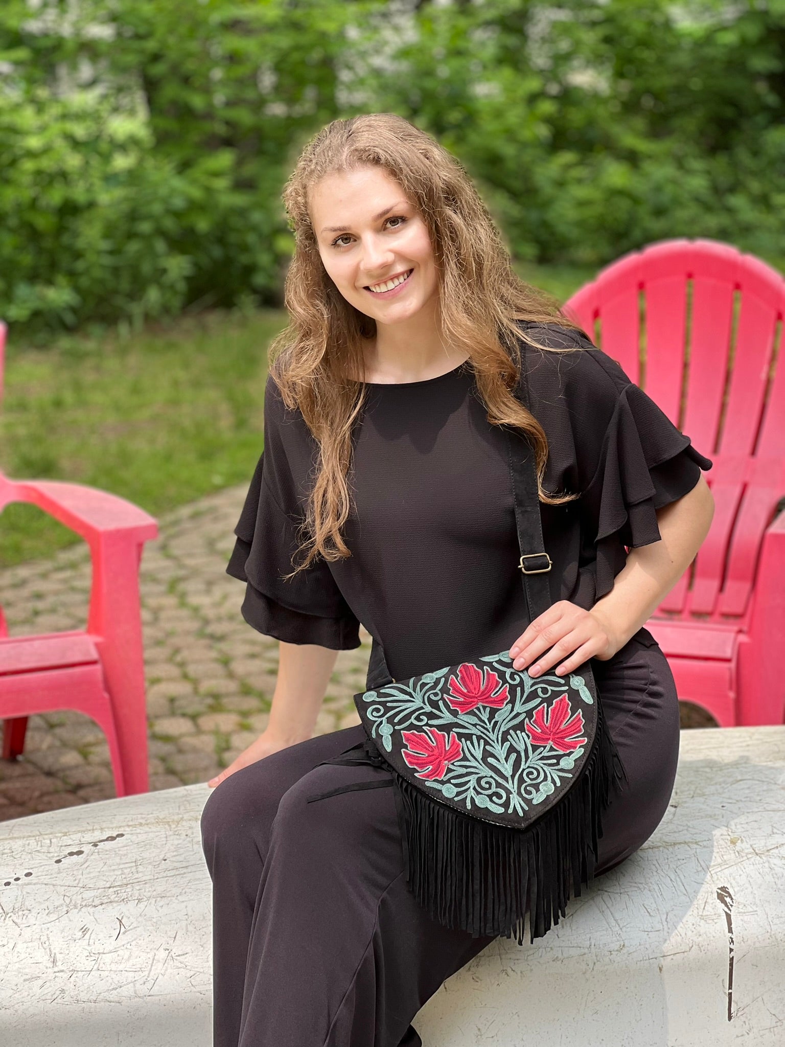 Handmade Green and Red Suede Embroidered Heart Shaped Bag-3