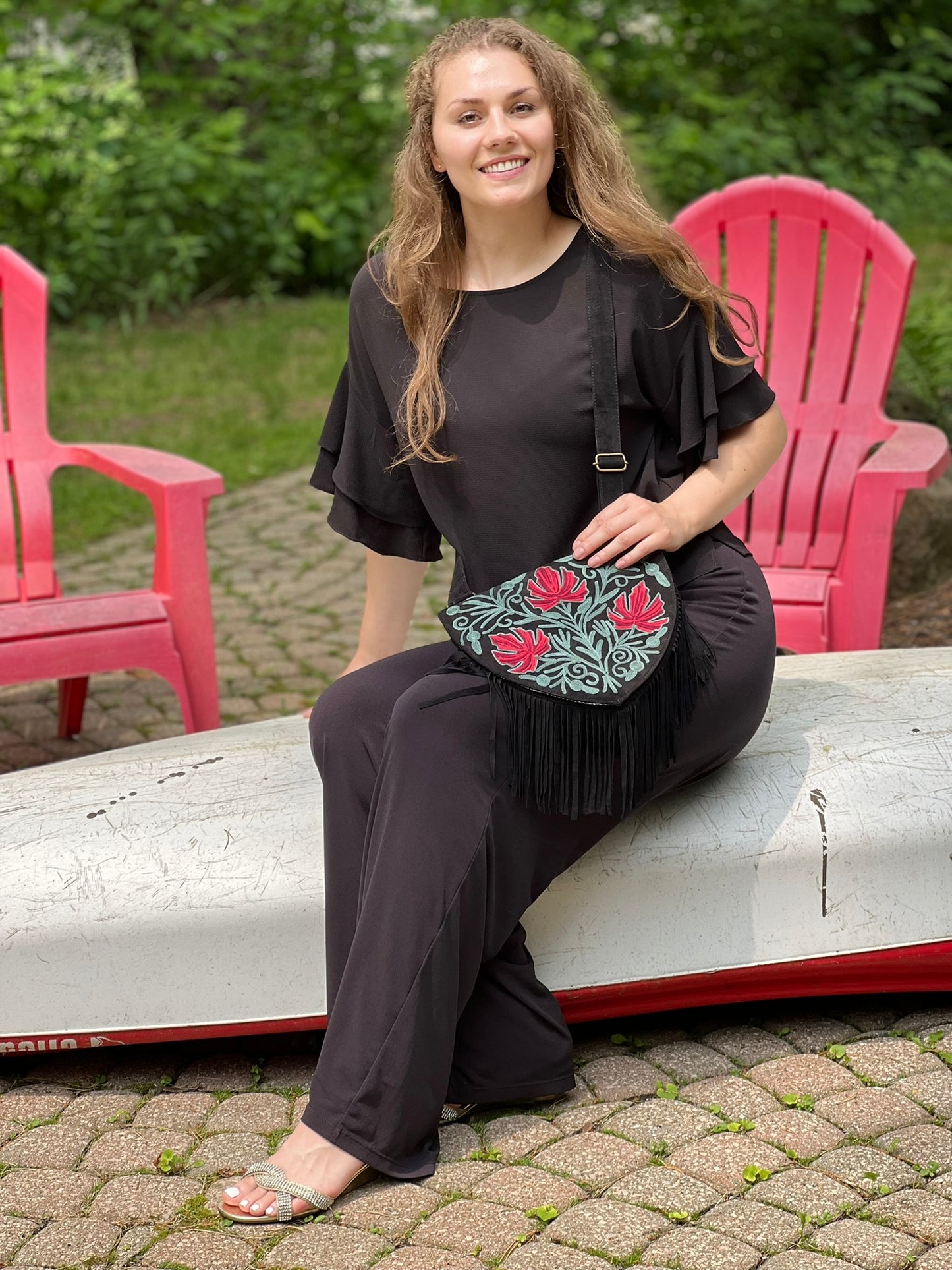 Handmade Green and Red Suede Embroidered Heart Shaped Bag-2