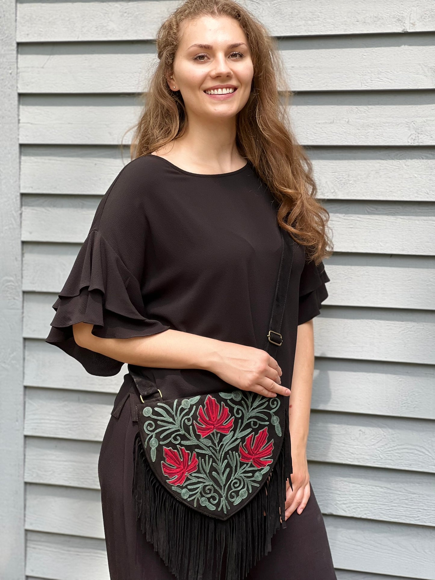 Handmade Green and Red Suede Embroidered Heart Shaped Bag-1