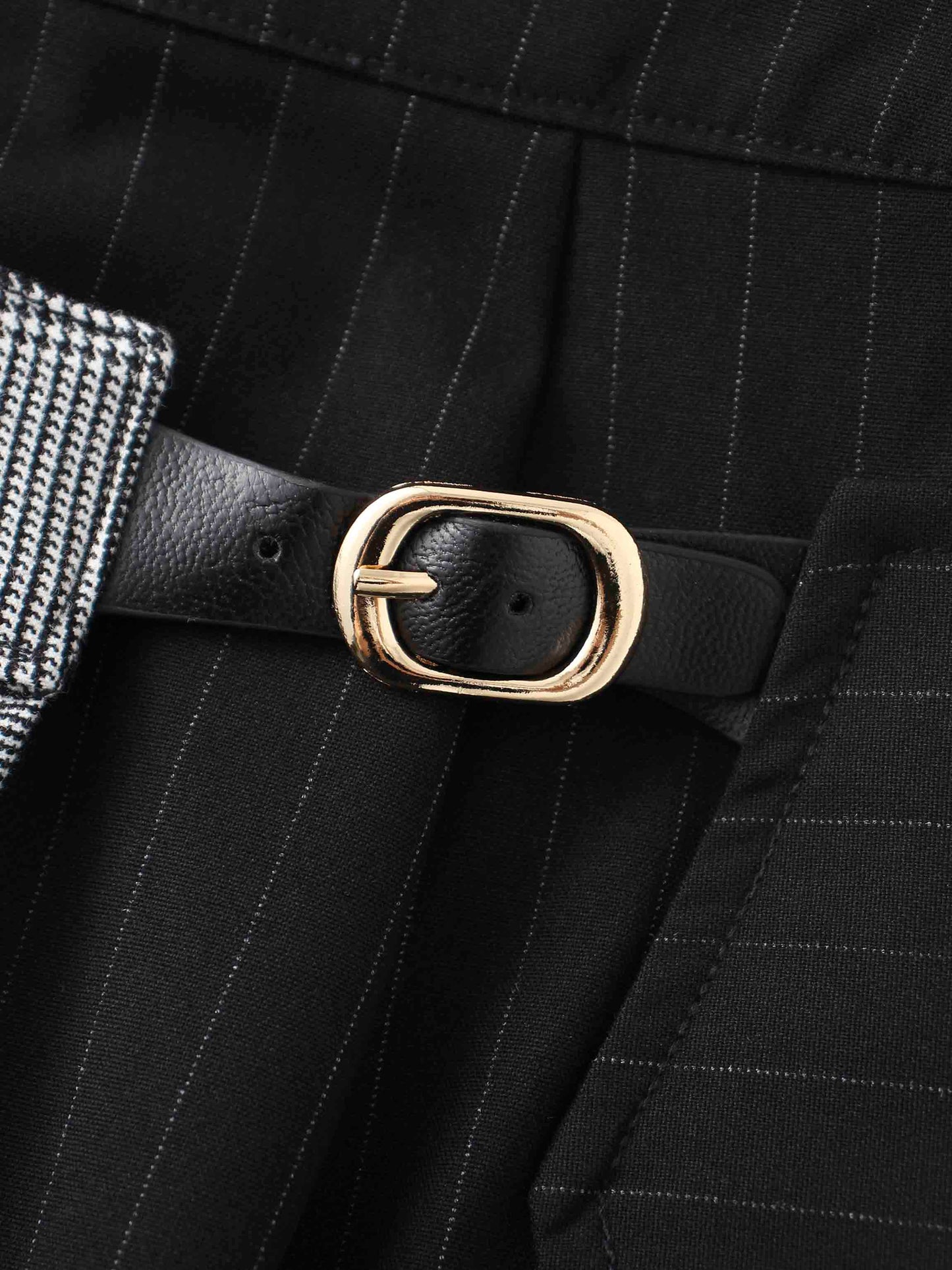 Faux Wrap Pleated Front Buckle Skirt-Pinstripe/Plaid-4