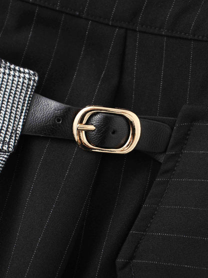 Faux Wrap Pleated Front Buckle Skirt-Pinstripe/Plaid-4