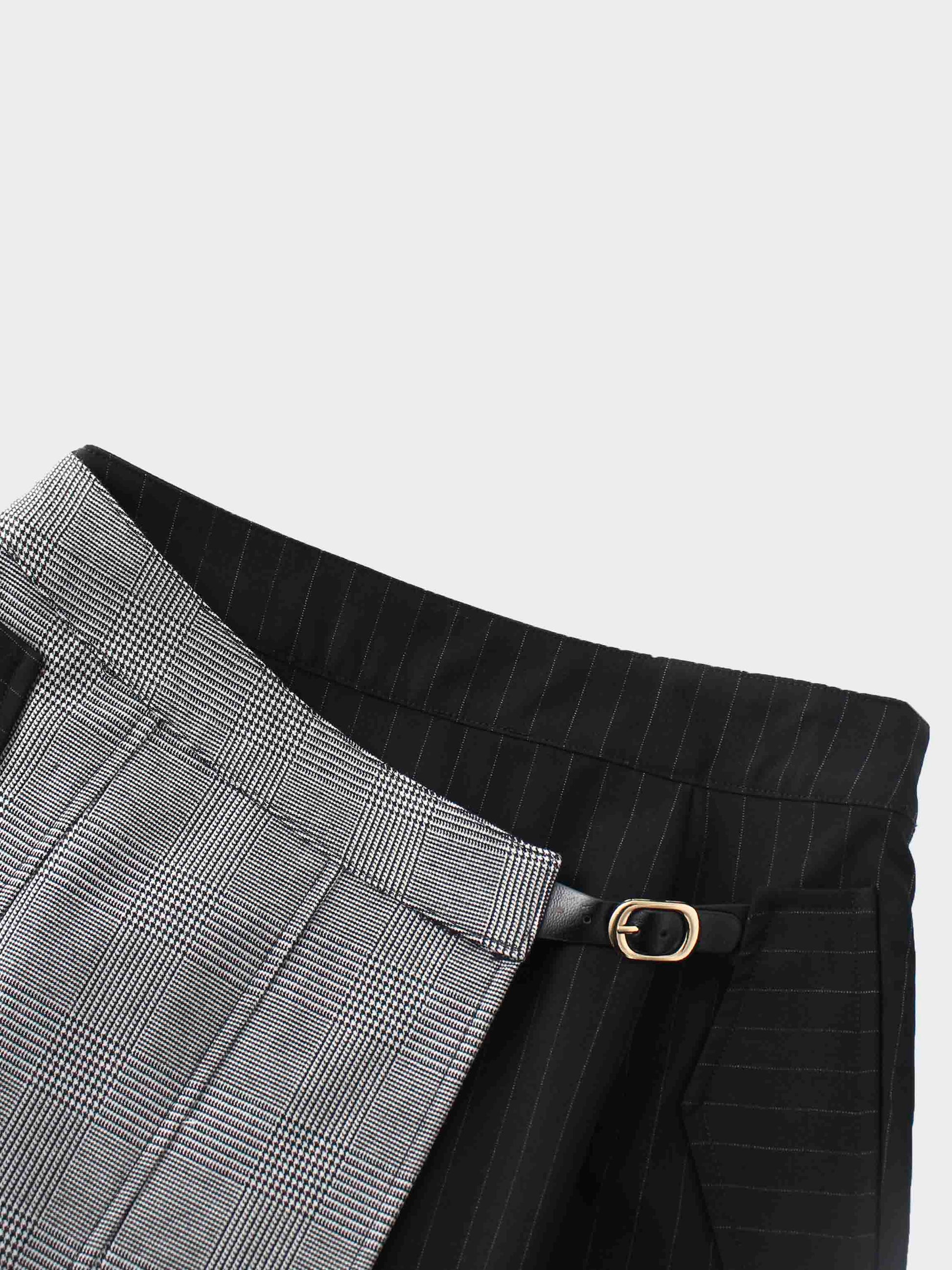 Faux Wrap Pleated Front Buckle Skirt-Pinstripe/Plaid-3