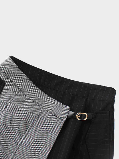 Faux Wrap Pleated Front Buckle Skirt-Pinstripe/Plaid-3