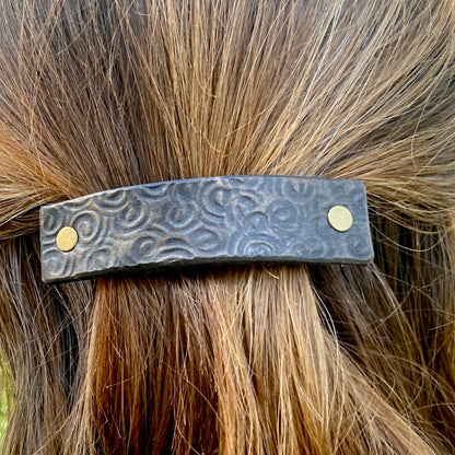 Antique Brass / Bronze Leather Barrette with Rustic Spirals Texture-1