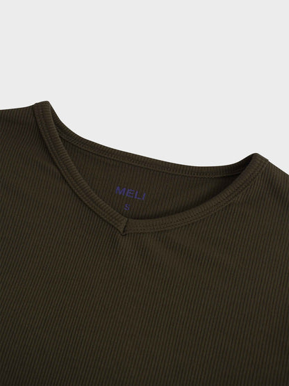 RIBBED HIGH V TEE LS-CHOCOLATE BROWN-2