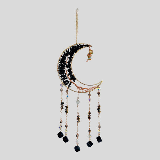Gold Metal Crescent Moon Dreamcatcher Suncatcher with Black Obsidian Stone Tree of Life & Hanging Jewel Charms-0