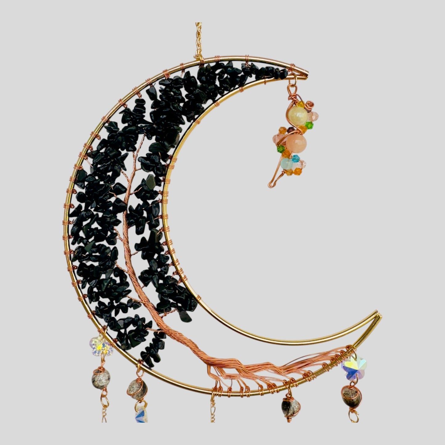 Gold Metal Crescent Moon Dreamcatcher Suncatcher with Black Obsidian Stone Tree of Life & Hanging Jewel Charms-1