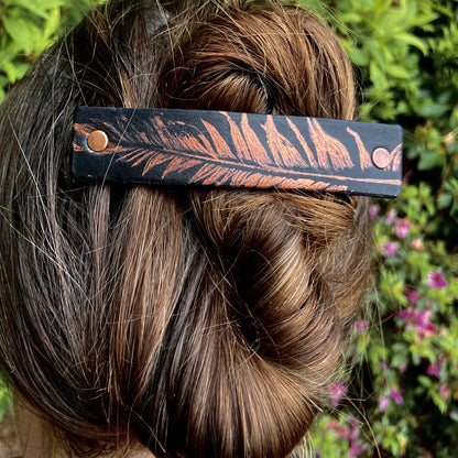 Copper Feather on Black Leather Hair Barrette - Handmade-5