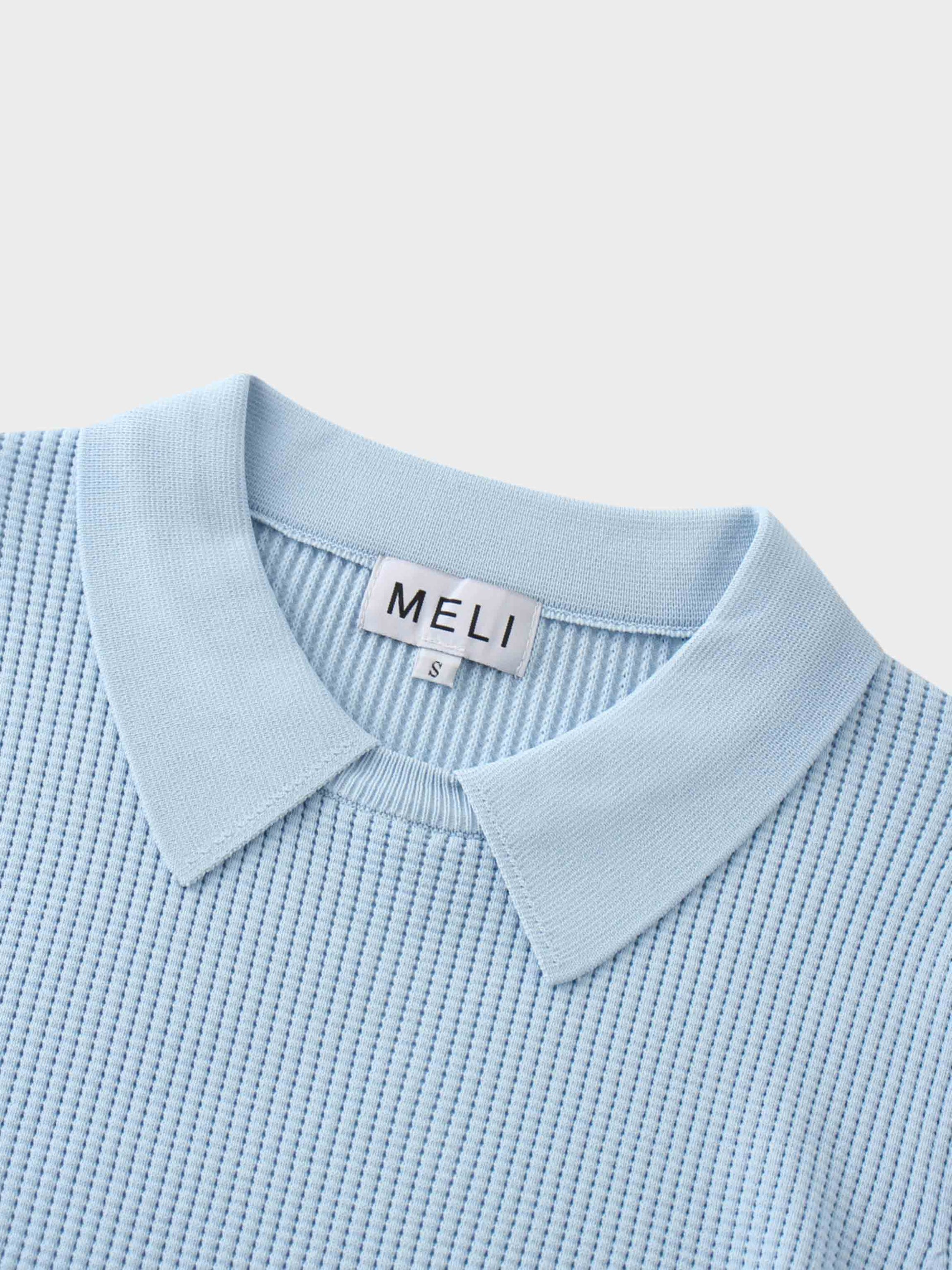 Waffle Collared Sweater-Light Blue-2