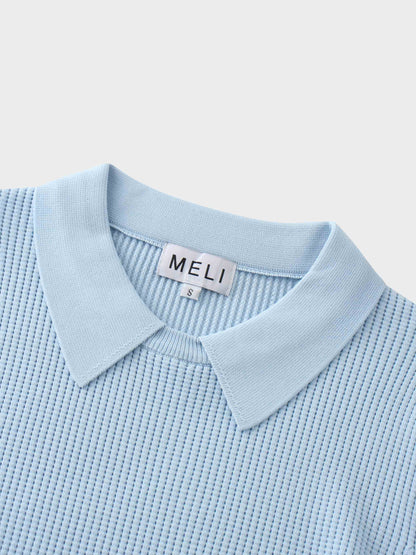 Waffle Collared Sweater-Light Blue-2